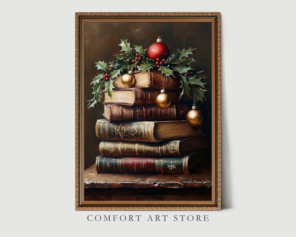 Antique Book Stack With Holly Berries and Christmas Baubles Poster - Image 8