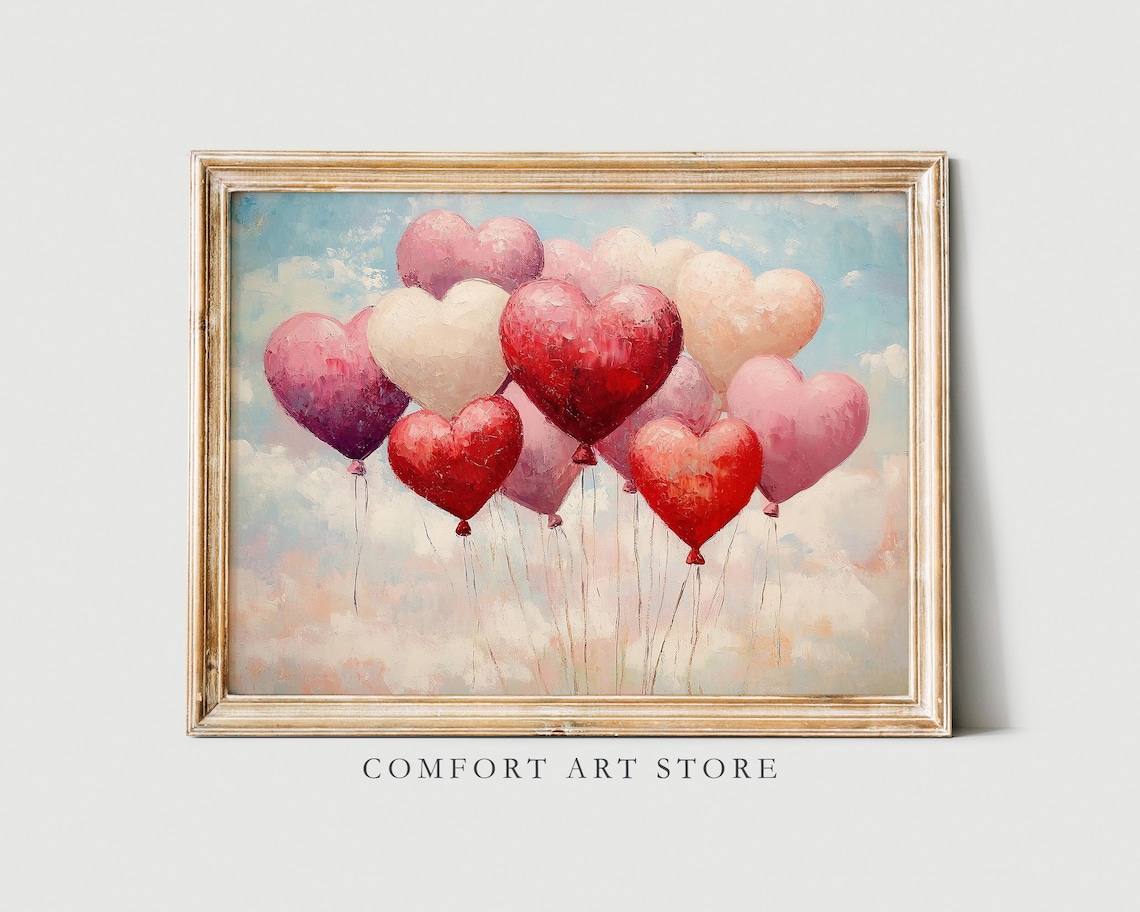Heart Shaped Balloons Bouquet Sky Painting Valentines Decor Poster