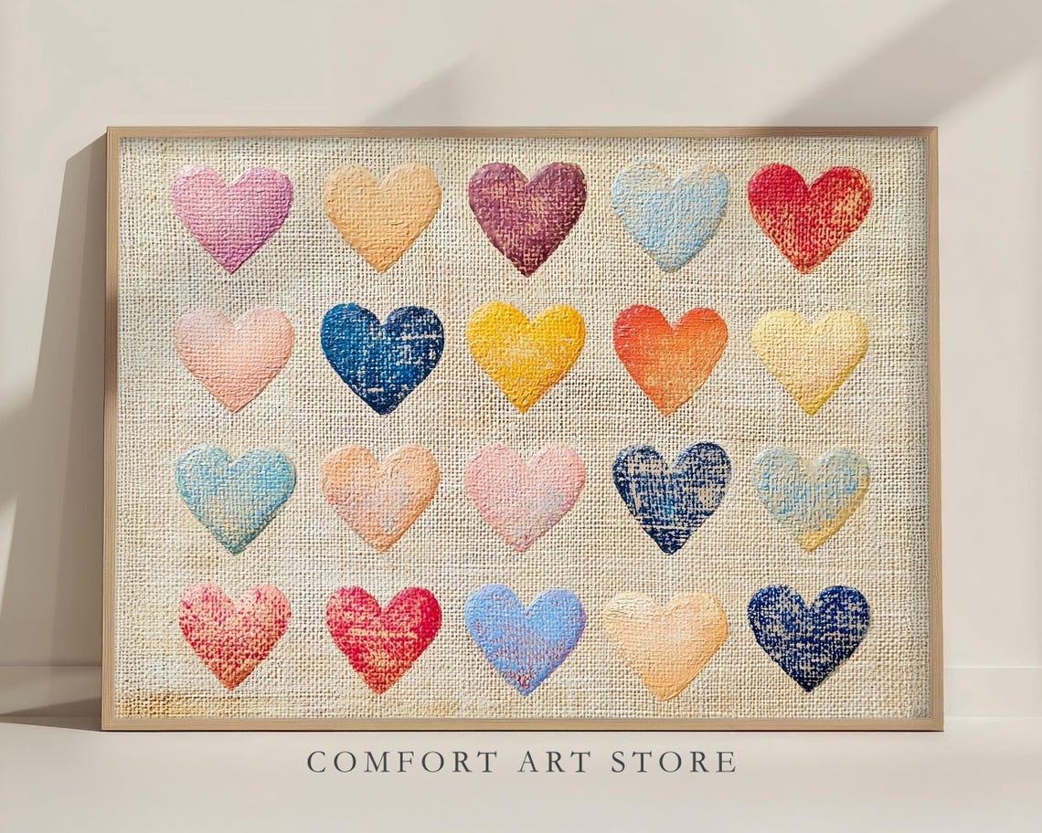 Valentines Stitched Fabric Hearts Grid Rustic Farmhouse Print - Image 2