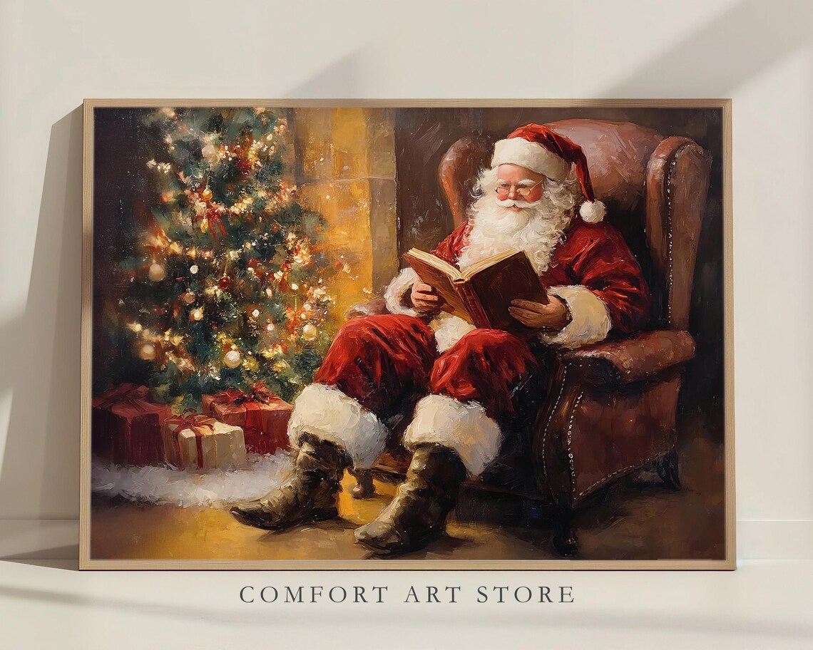 Vintage Santa Claus Reading in Armchair by Christmas Tree Poster - Image 6