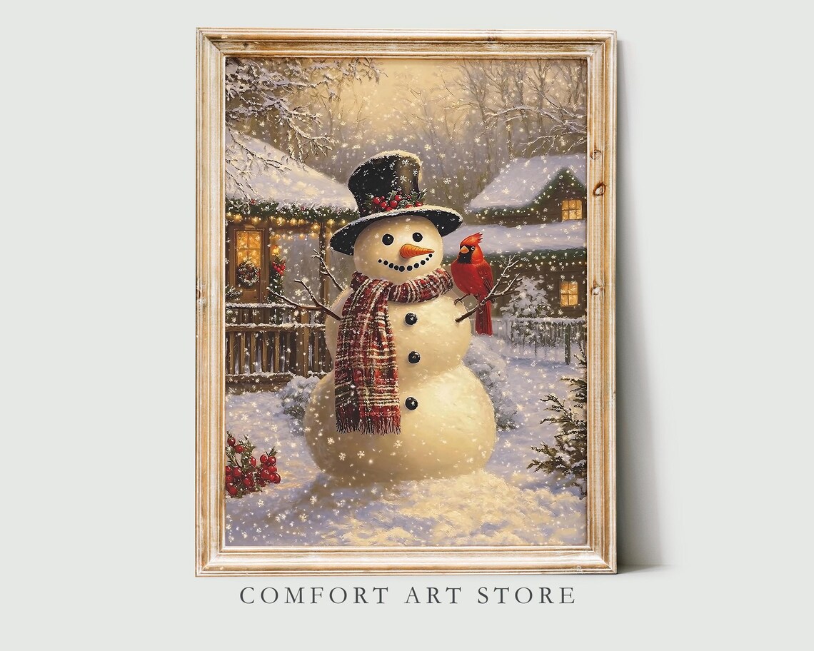 Snowman with Black Top Hat by Snowy Cabin and Red Cardinal Wall Art