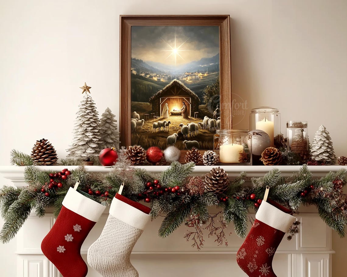 Nativity Scene with Shepherds Sheep and Bethlehem Star Poster - Image 4