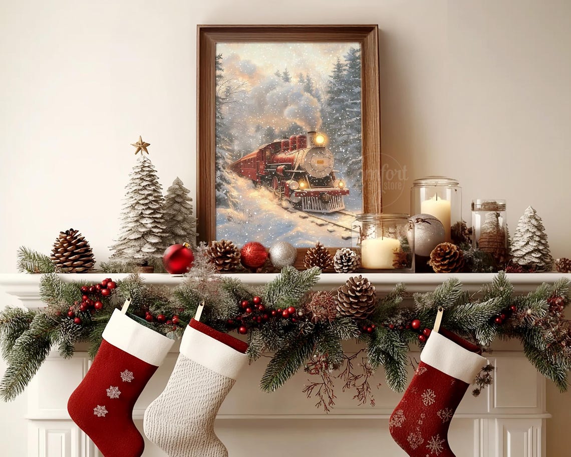 Classic Red Steam Engine in Snowy Pine Forest Snowstorm Wall Art - Image 5