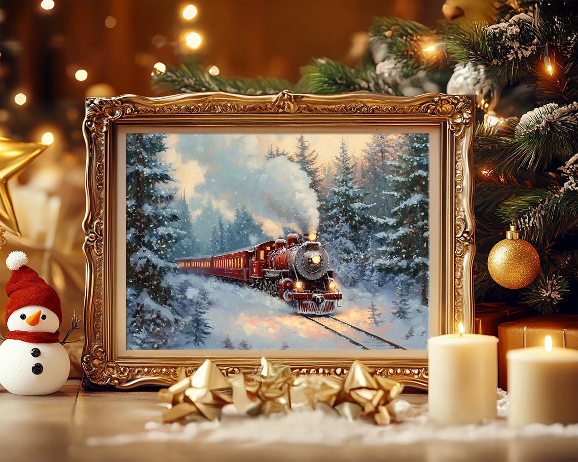 Red Steam Train Chugging Through Snowy Winter Evergreens Wall Art - Image 2