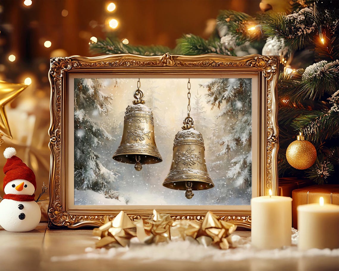 Engraved Brass Christmas Bells in a Snowy Forest Winter Poster - Image 4