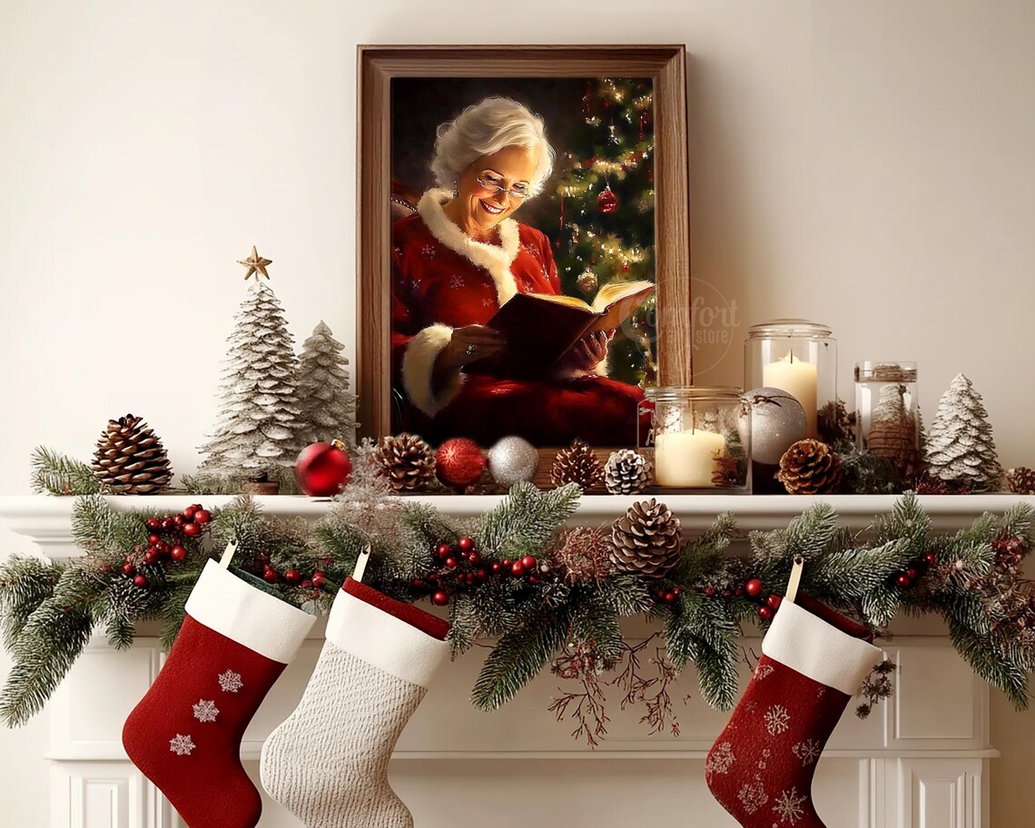 Mrs Claus Smiling Over Her Book by the Christmas Tree Wall Art - Image 8