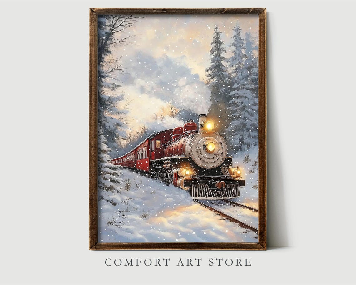 Red Locomotive with Glowing Headlamp in Snowy Pines Wall Art - Image 2