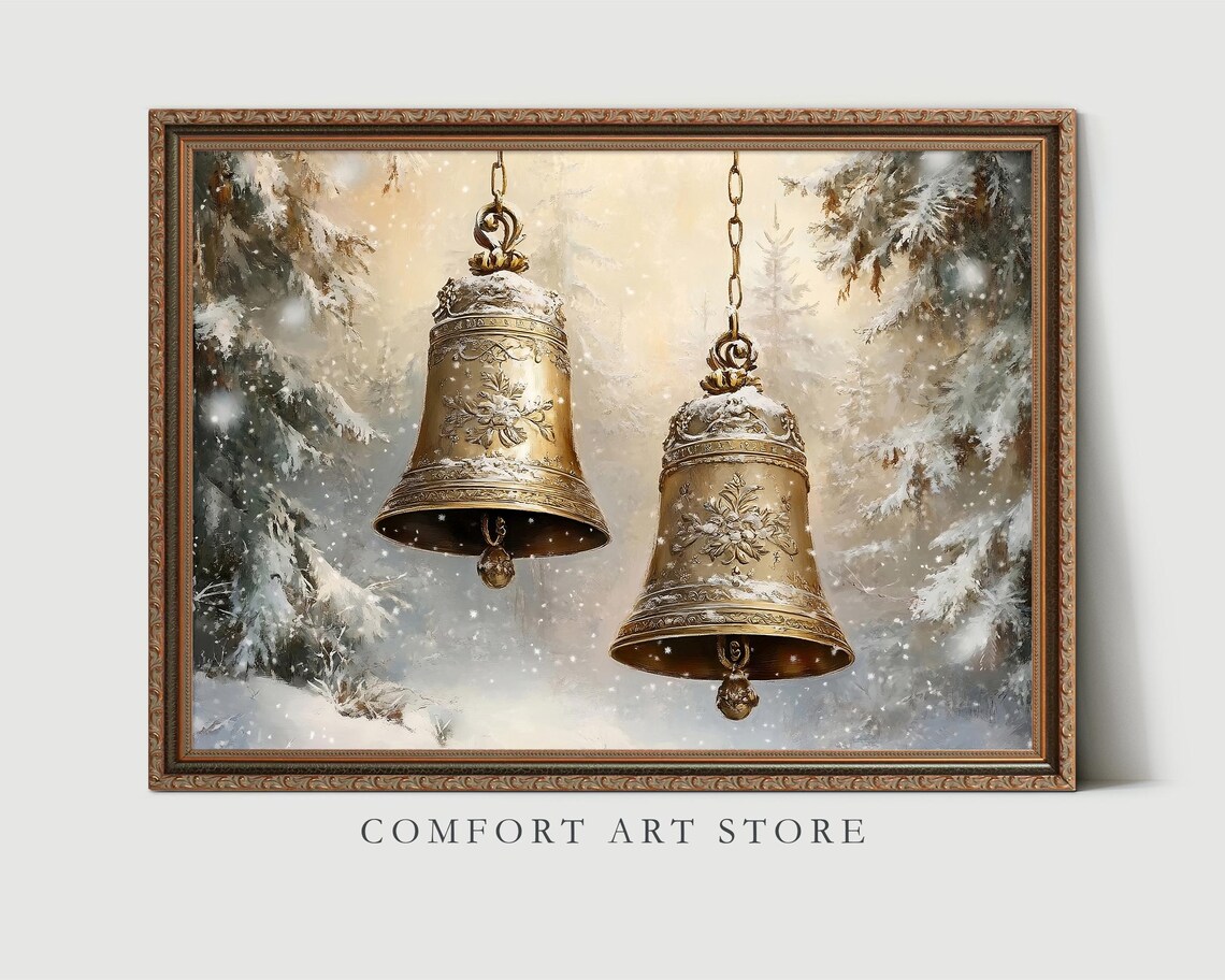 Engraved Brass Christmas Bells in a Snowy Forest Winter Poster - Image 7