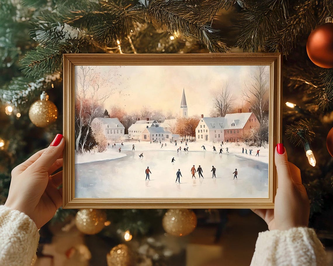 People Ice Skating on Village Pond in Vintage Winter Wall Art - Image 5