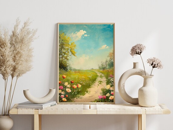 Vintage Spring Floral Meadow Path Tulip Oil Painting Wall Art