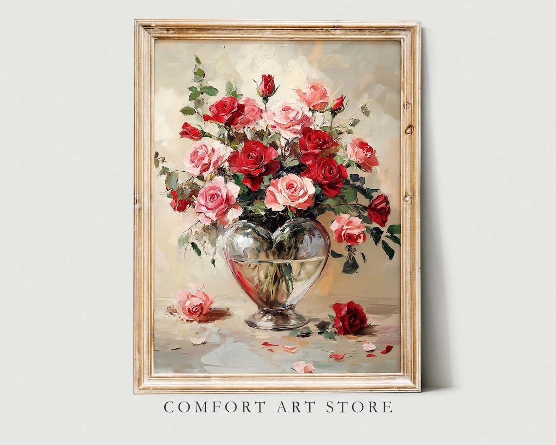 Heart Vase Roses Vintage Valentine's Day Art Print