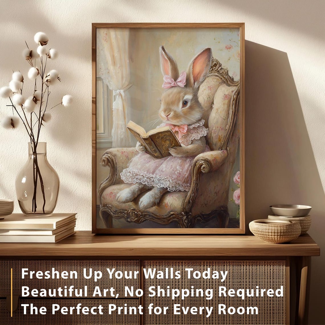 Easter Bunny Print Cute Easter Bunny Reading Book Easter Rabbit Easter Vintage Spring Cottagecore Easter Decor Farmhouse Wall Art - Image 4
