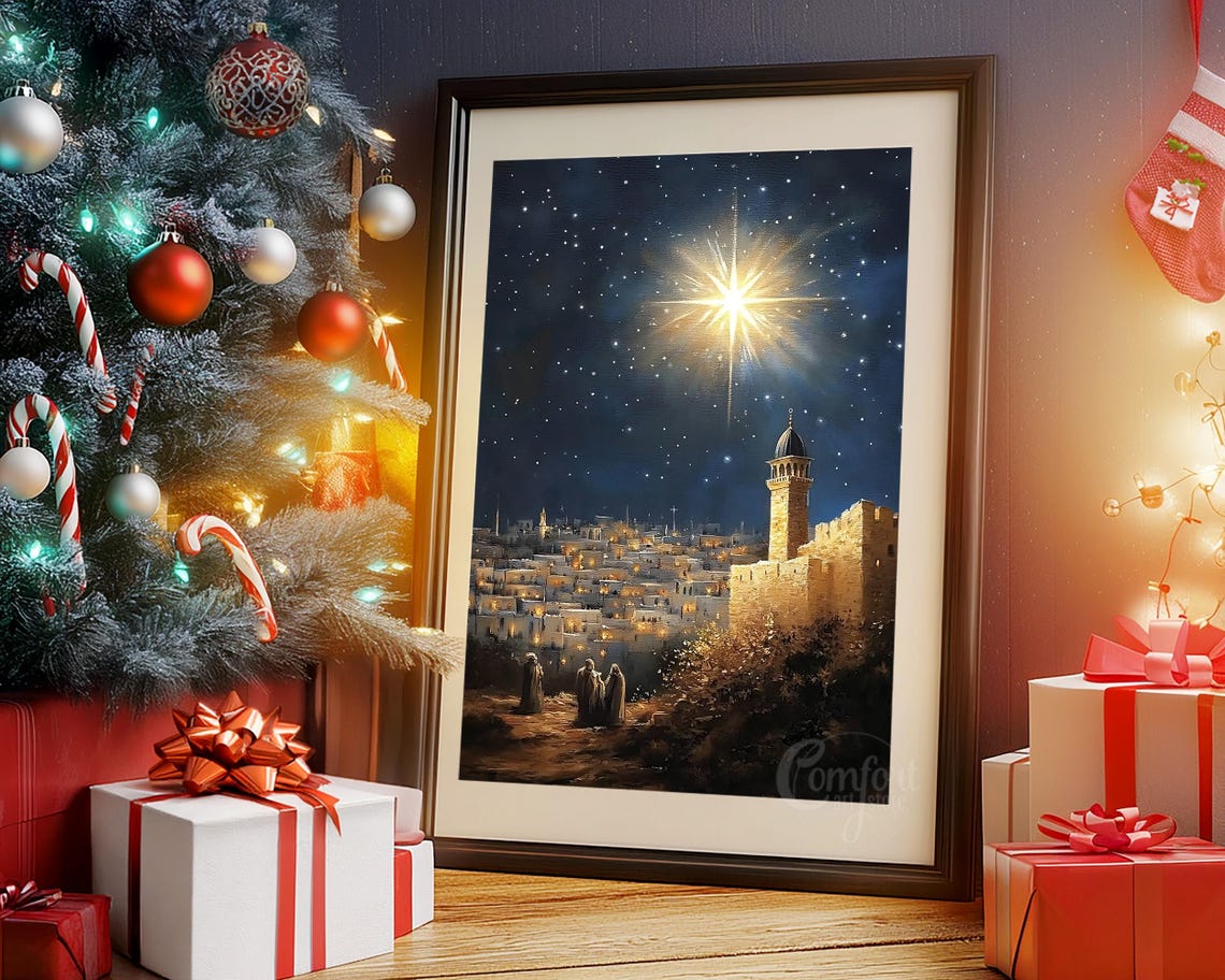 Antique Vintage Star Of Bethlehem Print Christian Nativity Scene Christmas Star Wall Art Christian Christian Print Oil Painting - Image 2