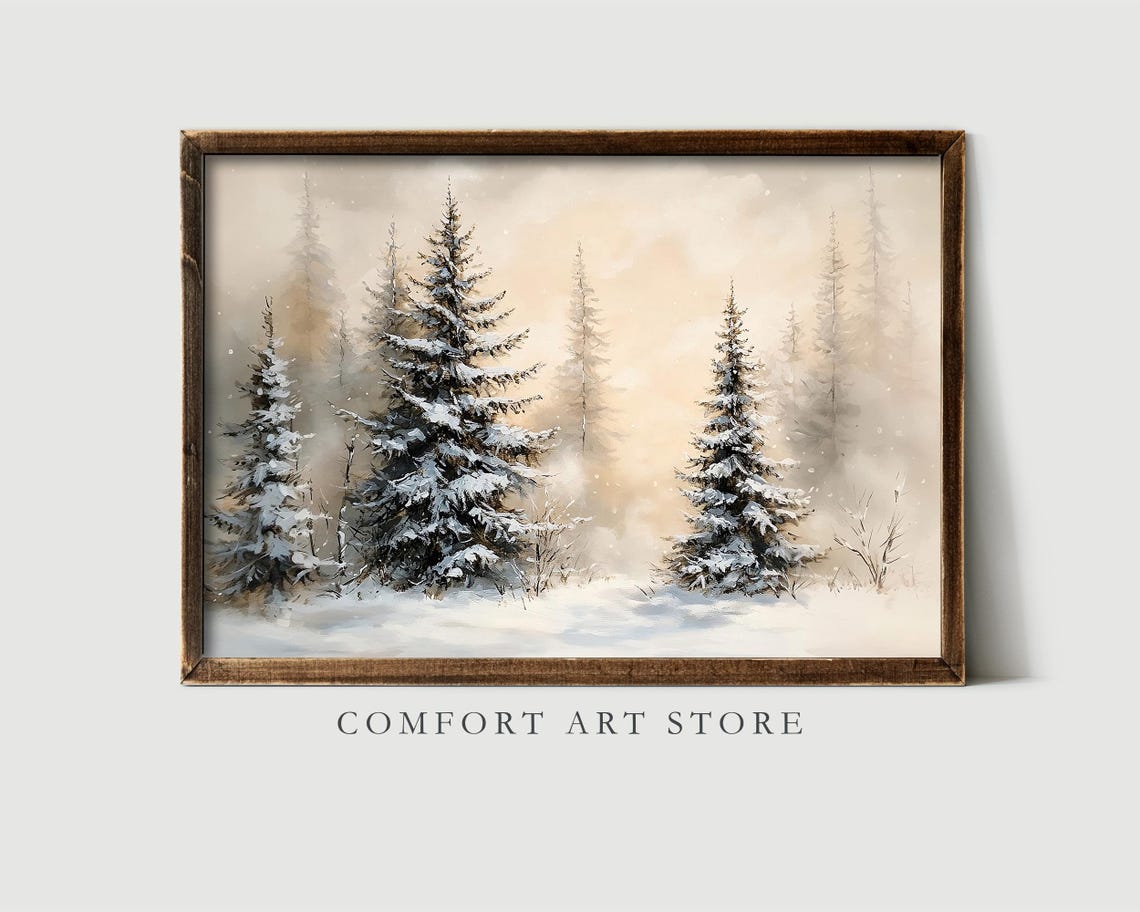 Snowy Pine Trees Standing In A Quiet Misty Winter Forest Wall Art - Image 8