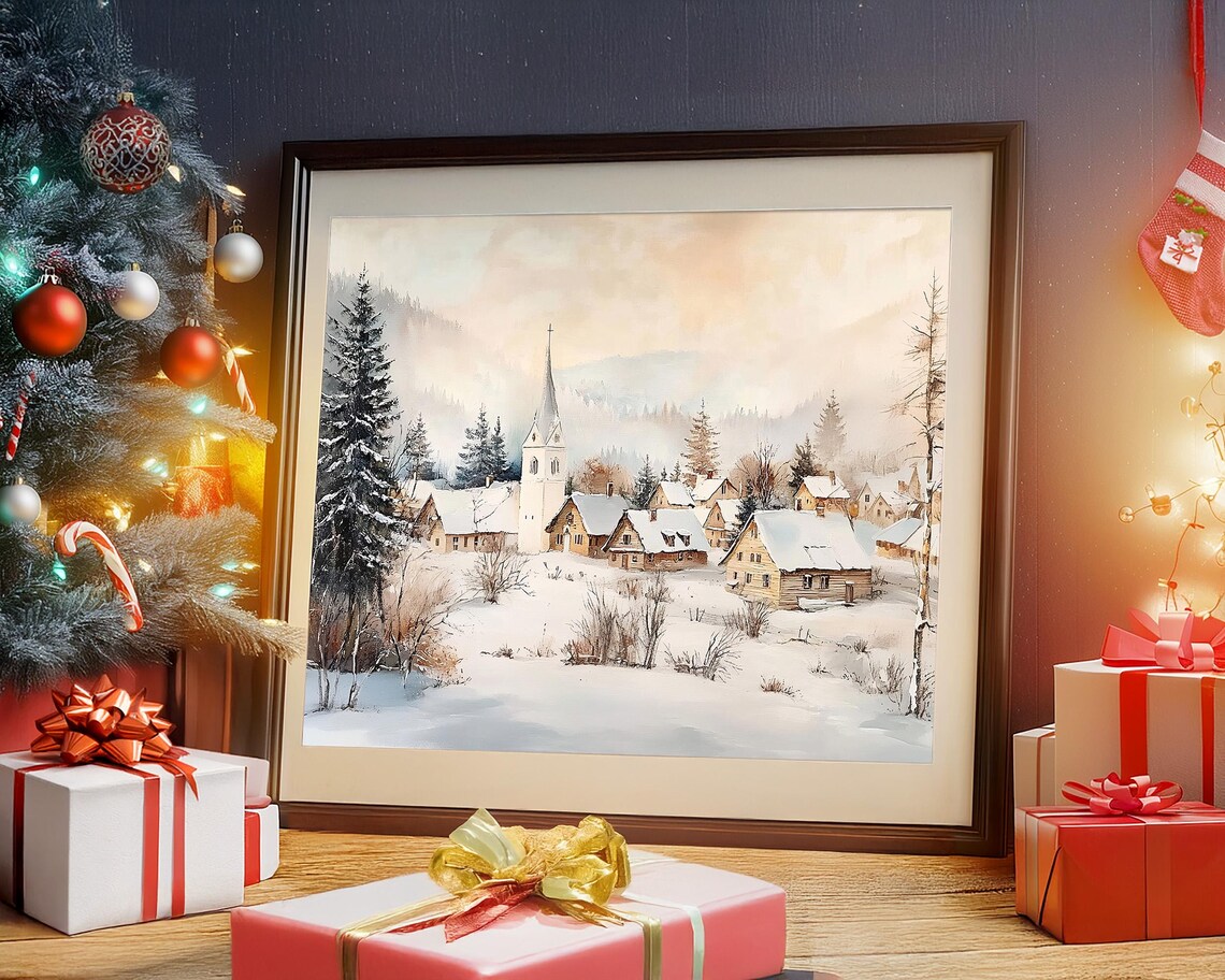 Snowy Village with Church Watercolor Winter Landscape Poster - Image 5