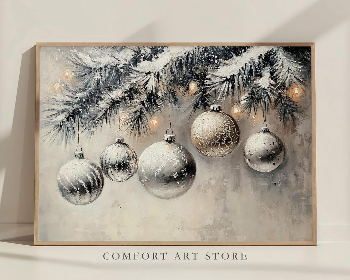 Shimmering Silver Mercury Glass Ornaments Snowy Pine Branch Poster - Image 7