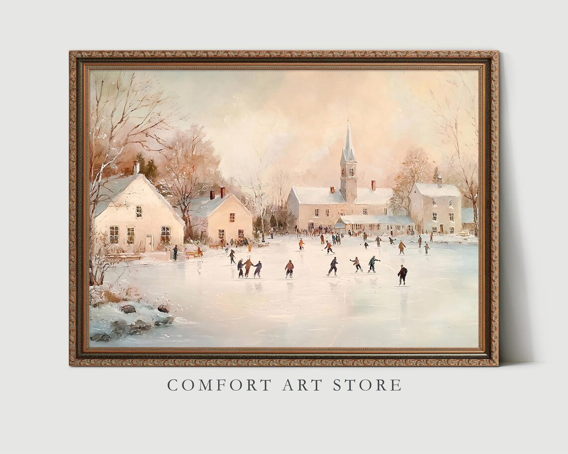 Frozen Pond Ice Skating Scene in Snowy Village Winter Wall Art - Image 5