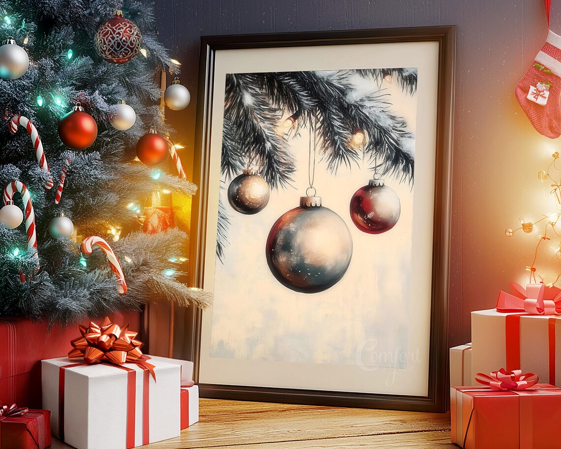 Elegant Vintage Christmas Ornaments on Snowy Pine Branch Poster - Image 5