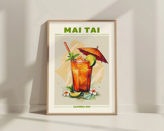 Mai Tai Classic Cocktail Recipe Retro Exhibition Tiki Bar Poster