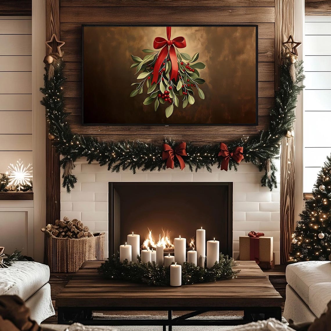 Hanging Mistletoe With Red Berries and Red Ribbon Bow Poster - Image 3