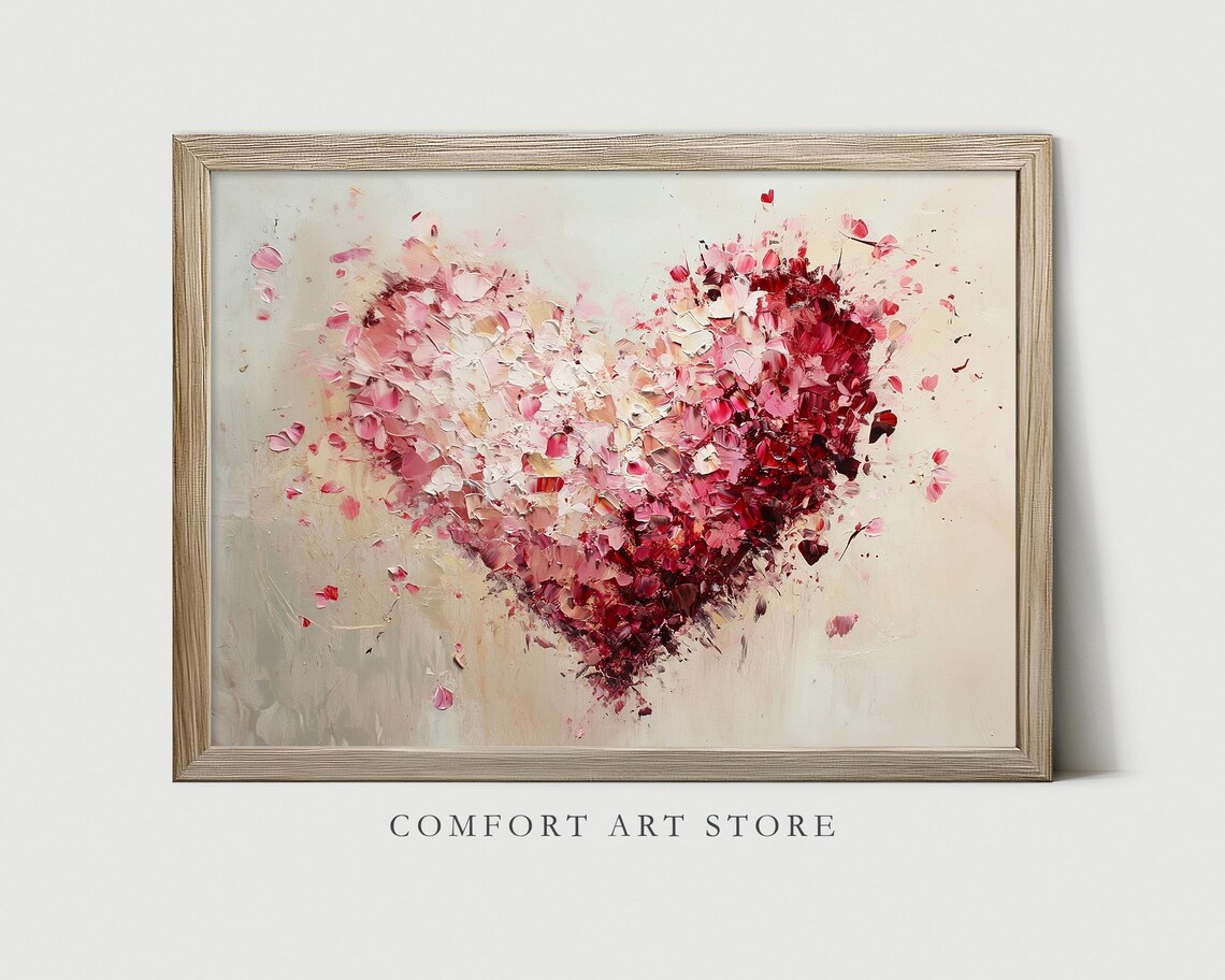 Red Pink Impasto Petal Heart Oil Painting Valentines Decor Poster - Image 2