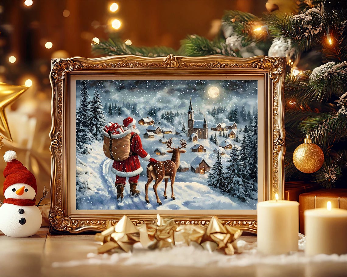 Christmas Wall Art Santa Claus Reindeer Print Dark Academia Winter Village Scene Snowy Holiday Decor Vintage Christmas Painting - Image 5