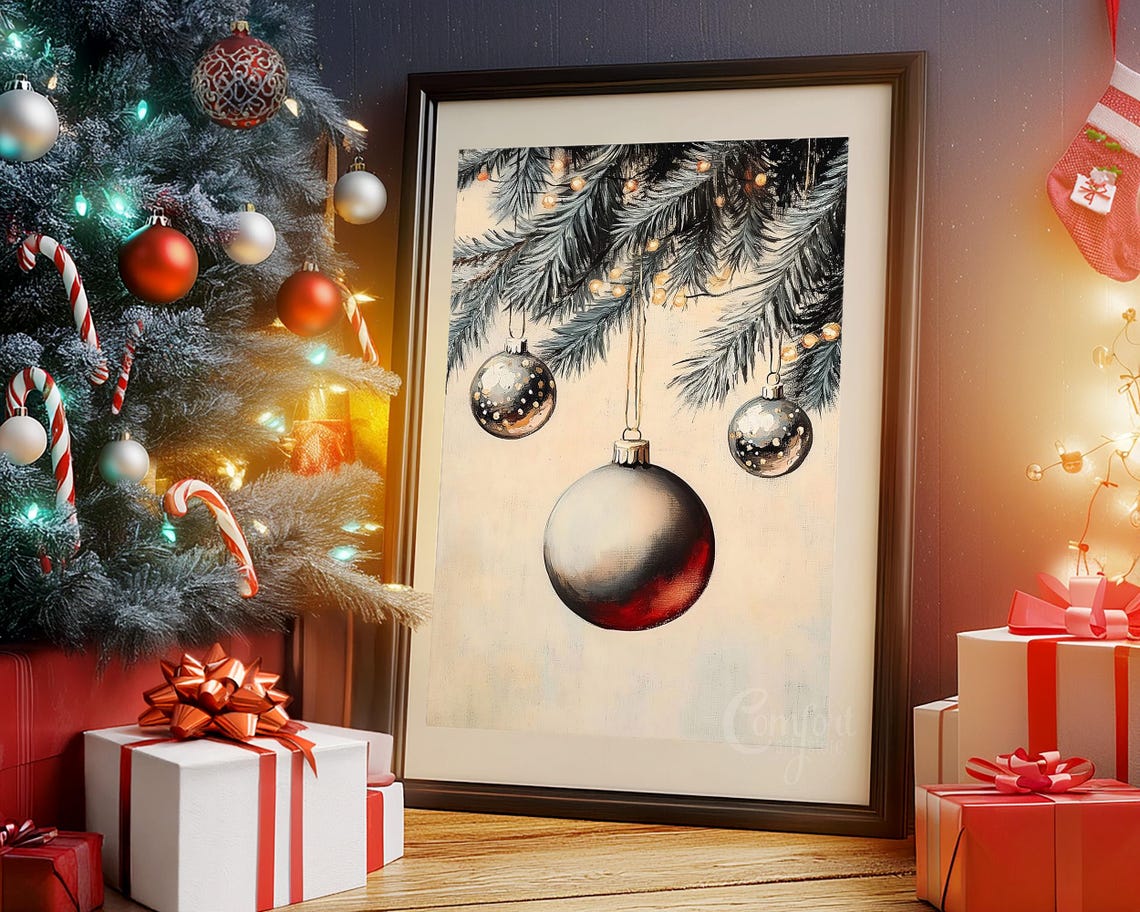 Silver and Red Christmas Ornaments Hanging Fir Branch Poster - Image 6