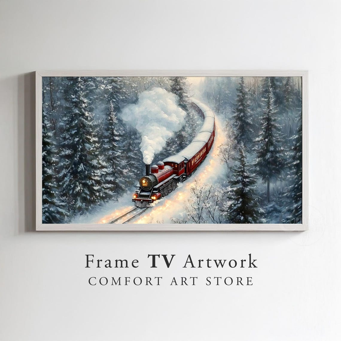 Red Vintage Steam Train Traveling Through A Snowy Winter Forest Poster - Image 2