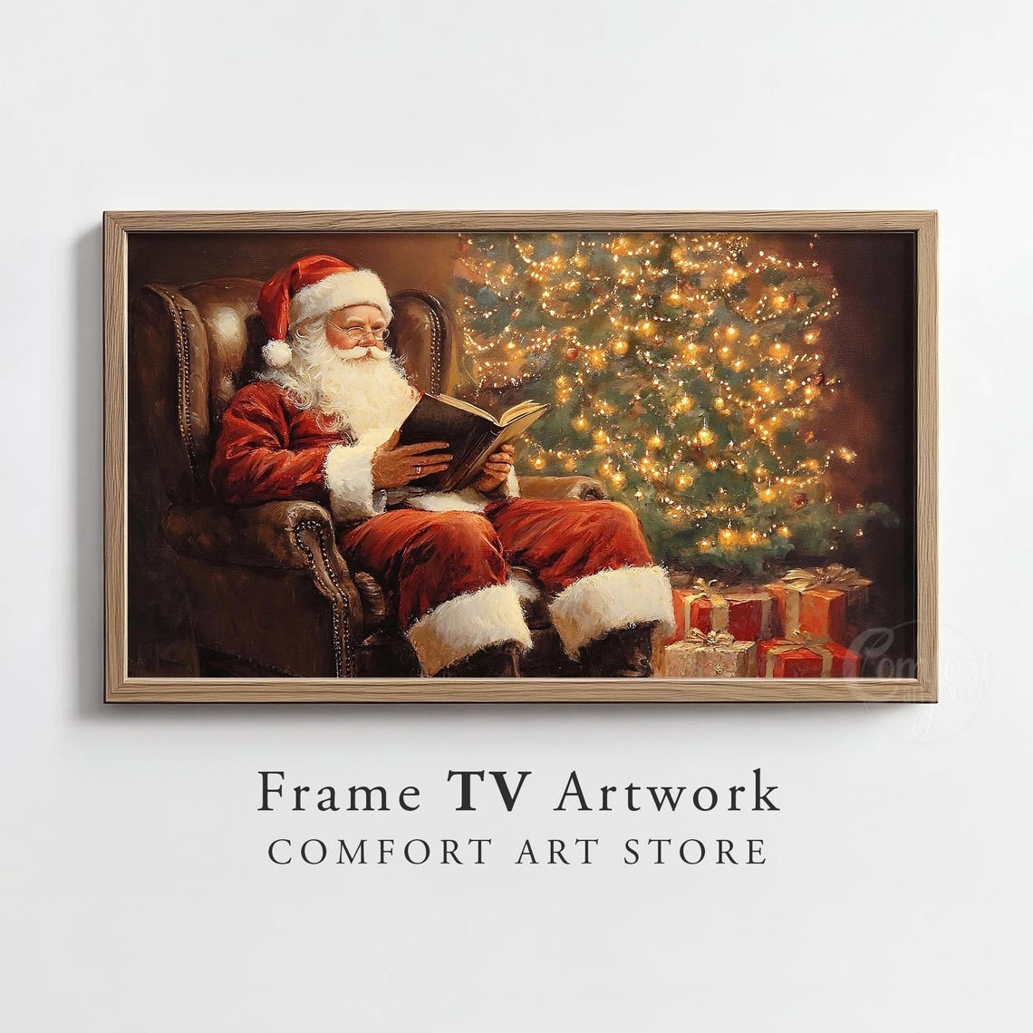 Christmas Santa Claus Frame Tv Art Vintage Christmas Antique Winter Scene Santa Reading Book Painting Holiday Christmas Frame Tv Art