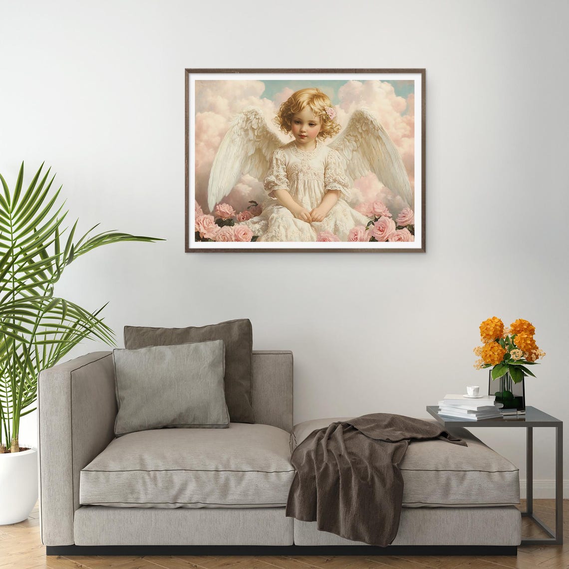 Cherubic Angel Pink Roses Vintage Oil Painting Romantic Wall Poster - Image 2