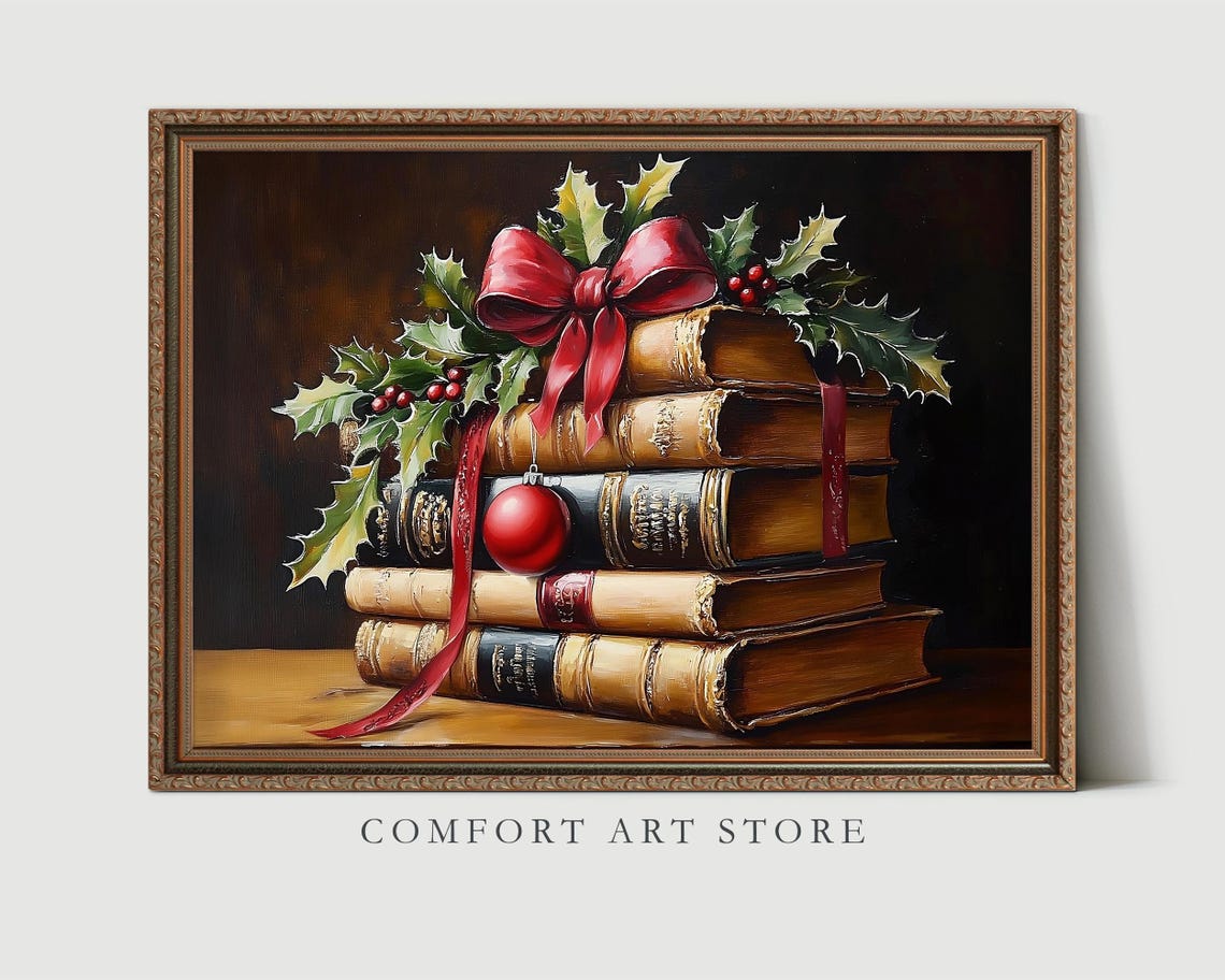 Classic Antique Book Stack with Red Bow and Holly Christmas Poster - Image 3