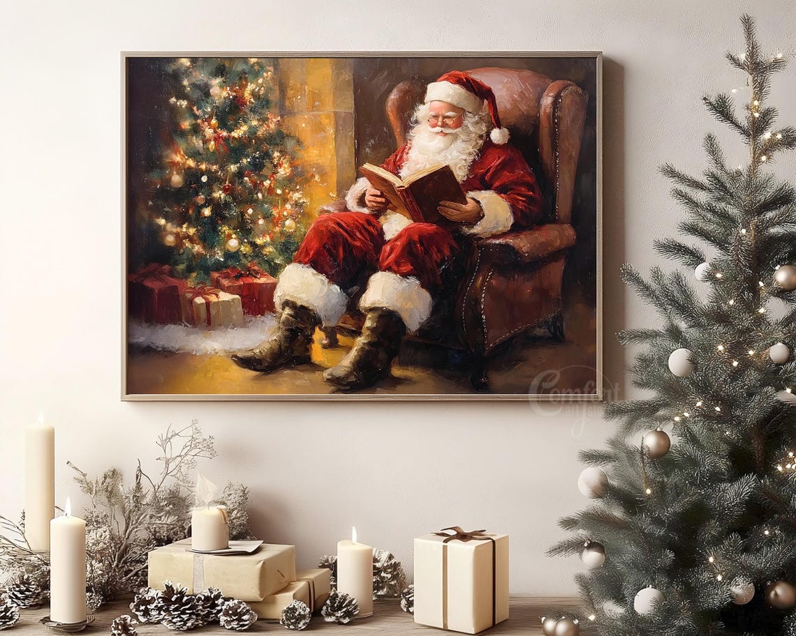Vintage Santa Claus Reading in Armchair by Christmas Tree Poster - Image 8