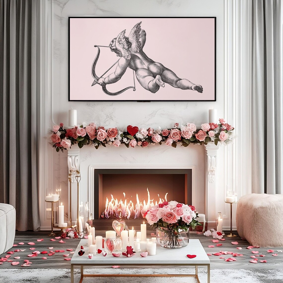 Cupid Drawing Bow Engraving Antique Valentine Frame TV Art Poster - Image 2