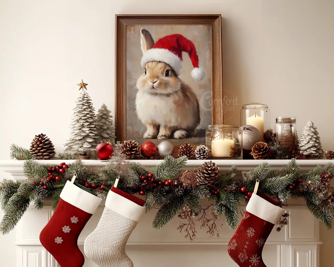 Adorable Bunny Wearing Santa Hat Christmas Portrait Art Poster - Image 4