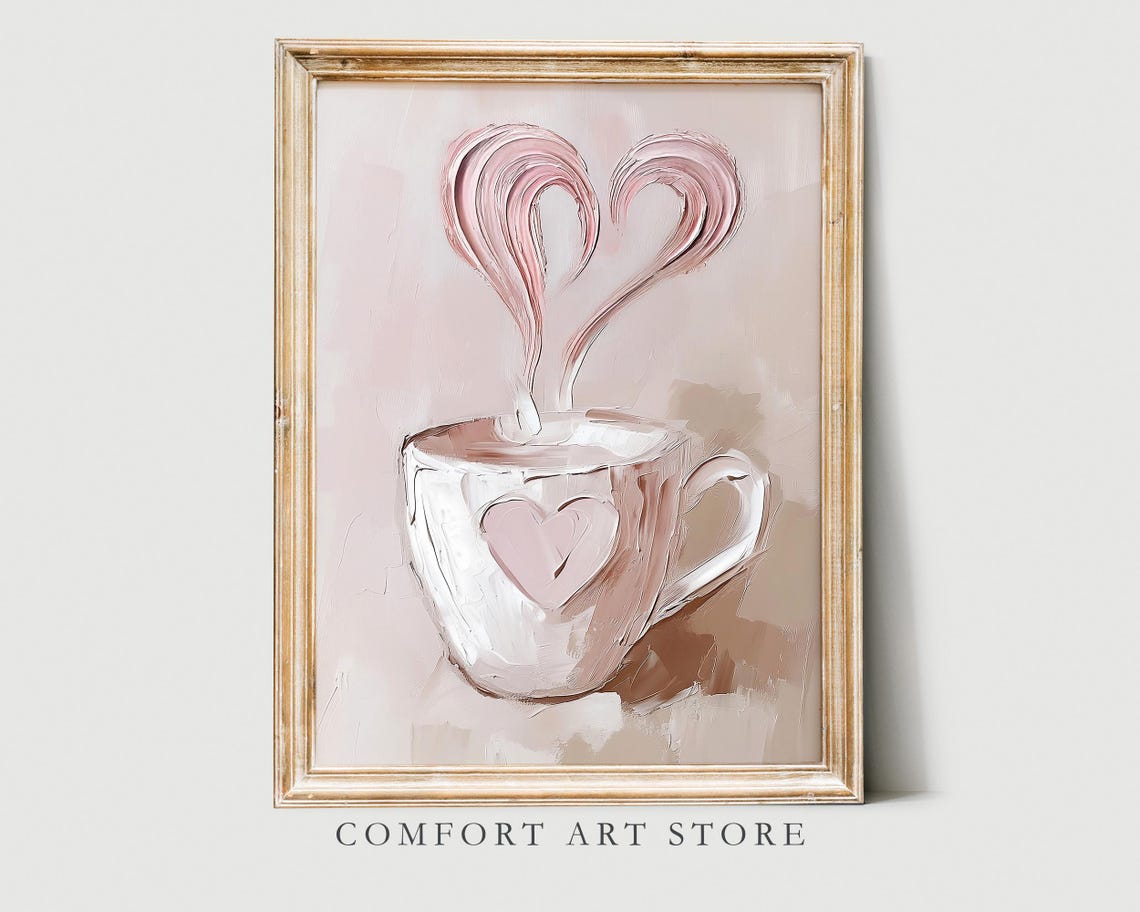 Valentines Coffee Cup Heart Steam Painting Neutral Romantic Wall Art