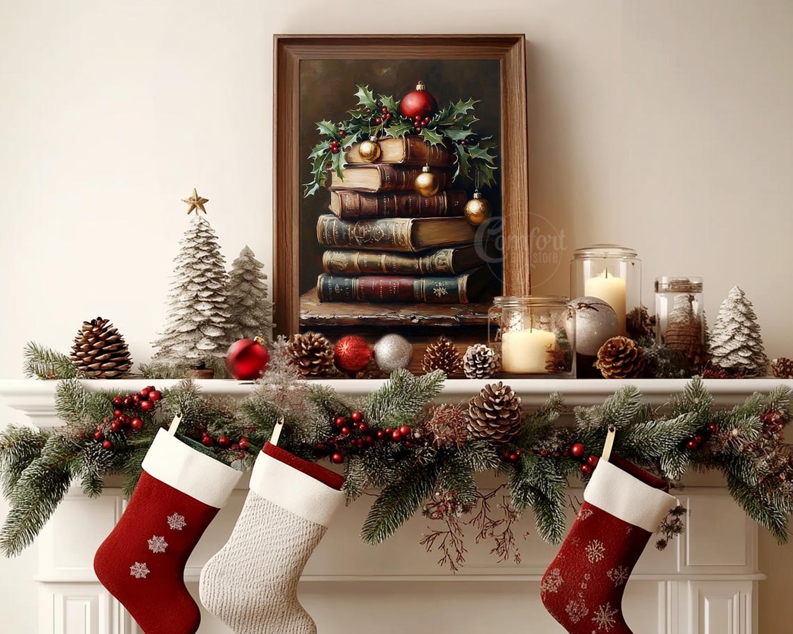 Antique Book Stack With Holly Berries and Christmas Baubles Poster - Image 6
