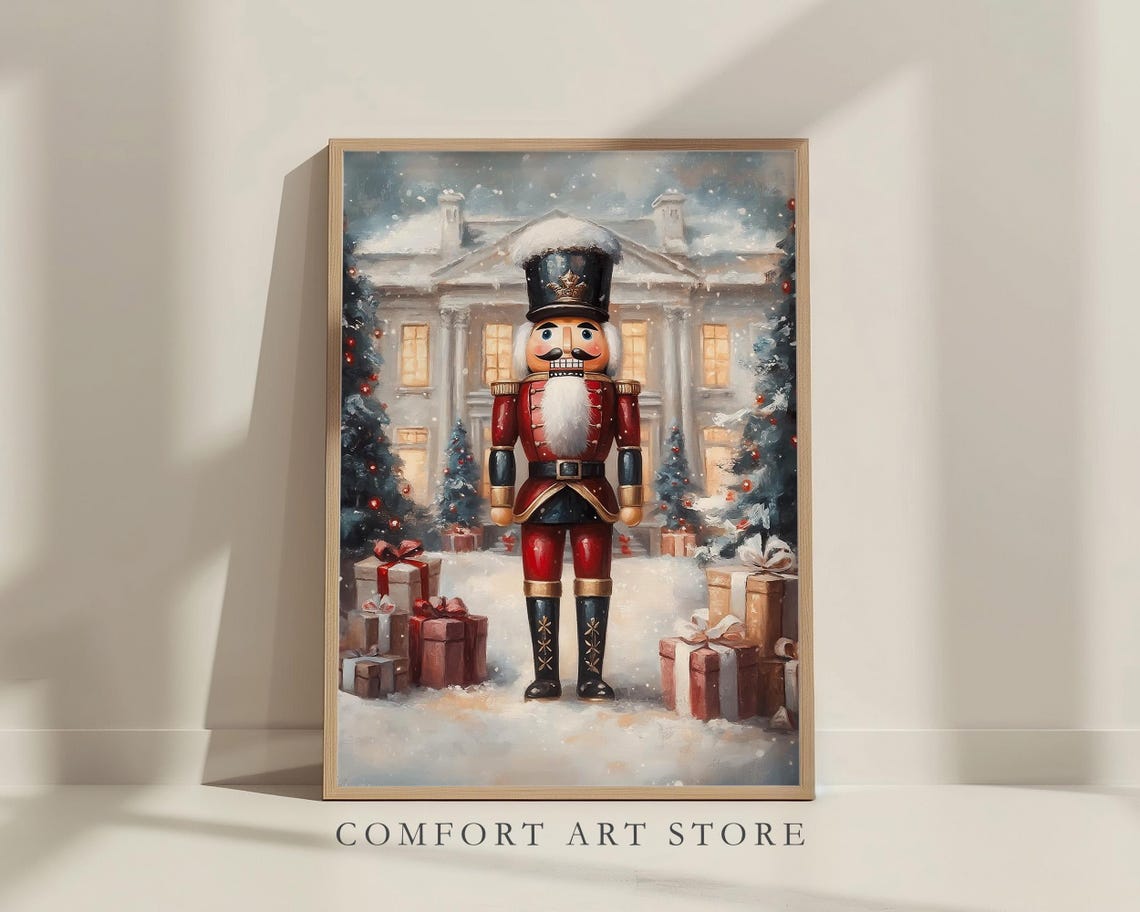 Classic Red Nutcracker Soldier in Snowy Mansion Holiday Scene Poster - Image 8