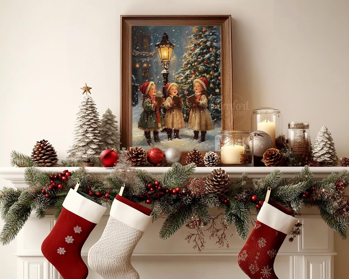 Children Caroling Street Lamp Christmas Tree Vintage Storybook Poster - Image 3