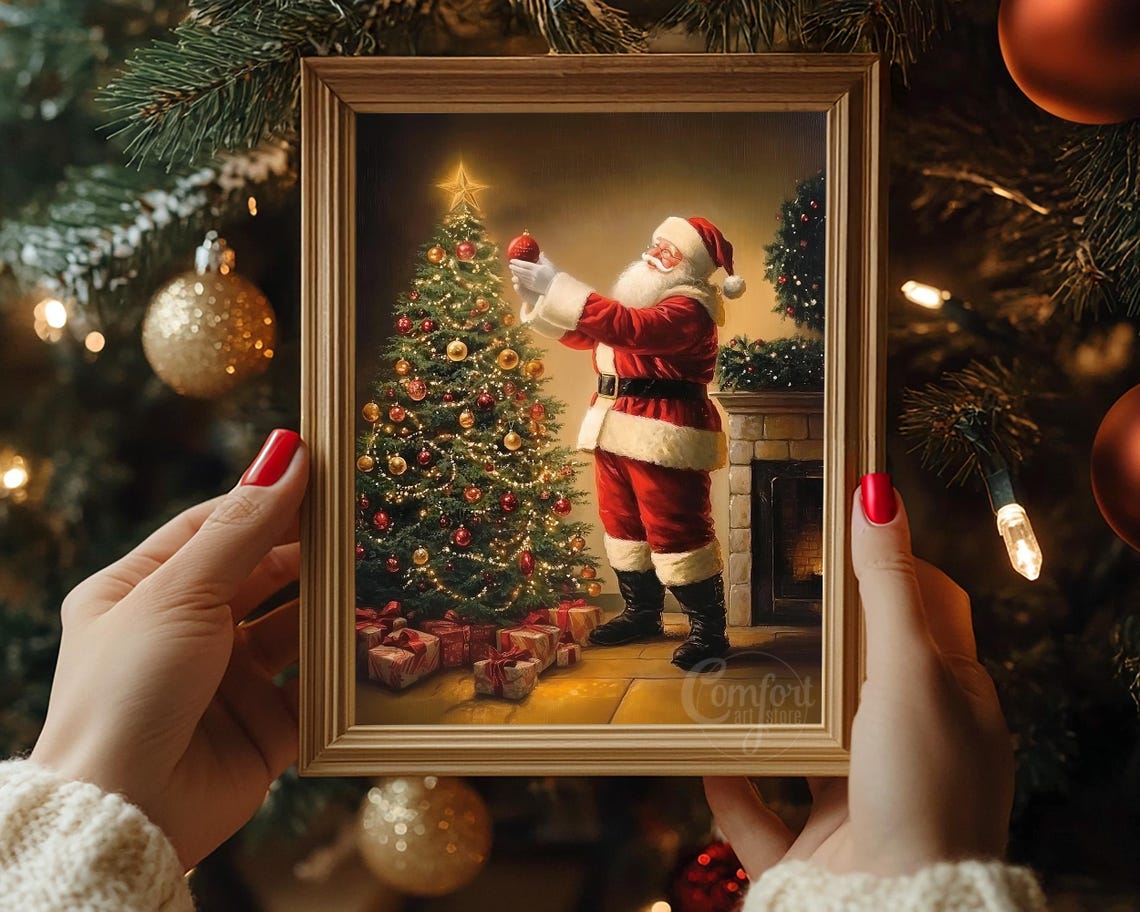 Vintage Santa Claus Decorating Christmas Tree by Fireplace Poster - Image 4