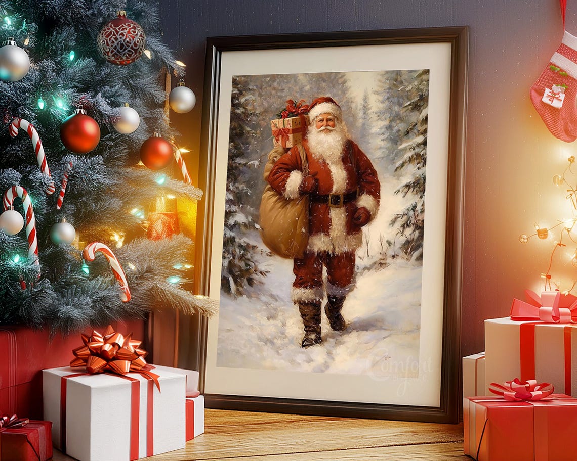 Vintage Christmas Santa Claus Wall Art Print Christmas Holiday Decor Santa Scene Dark Academia Winter Gifts Christmas Holiday Art - Image 3