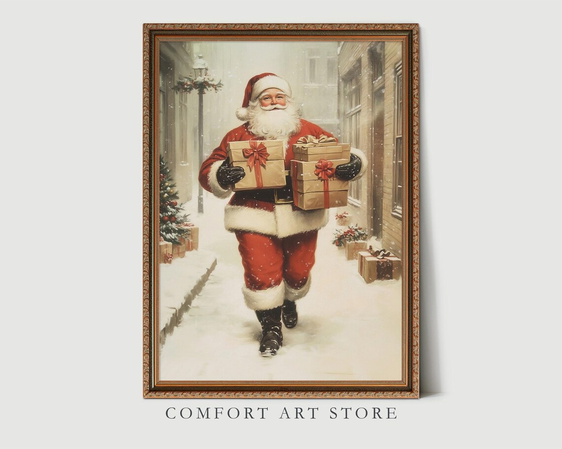 Cheerful Santa Claus Carrying Tall Stacks of Wrapped Gifts Wall Art - Image 3
