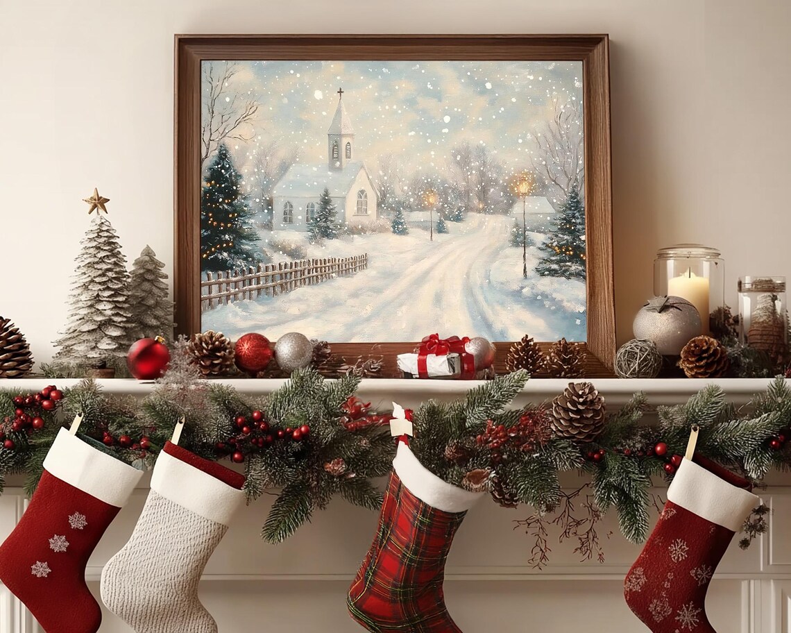 Snow Covered Country Church on Winter Lane Falling Snow Art Poster - Image 7