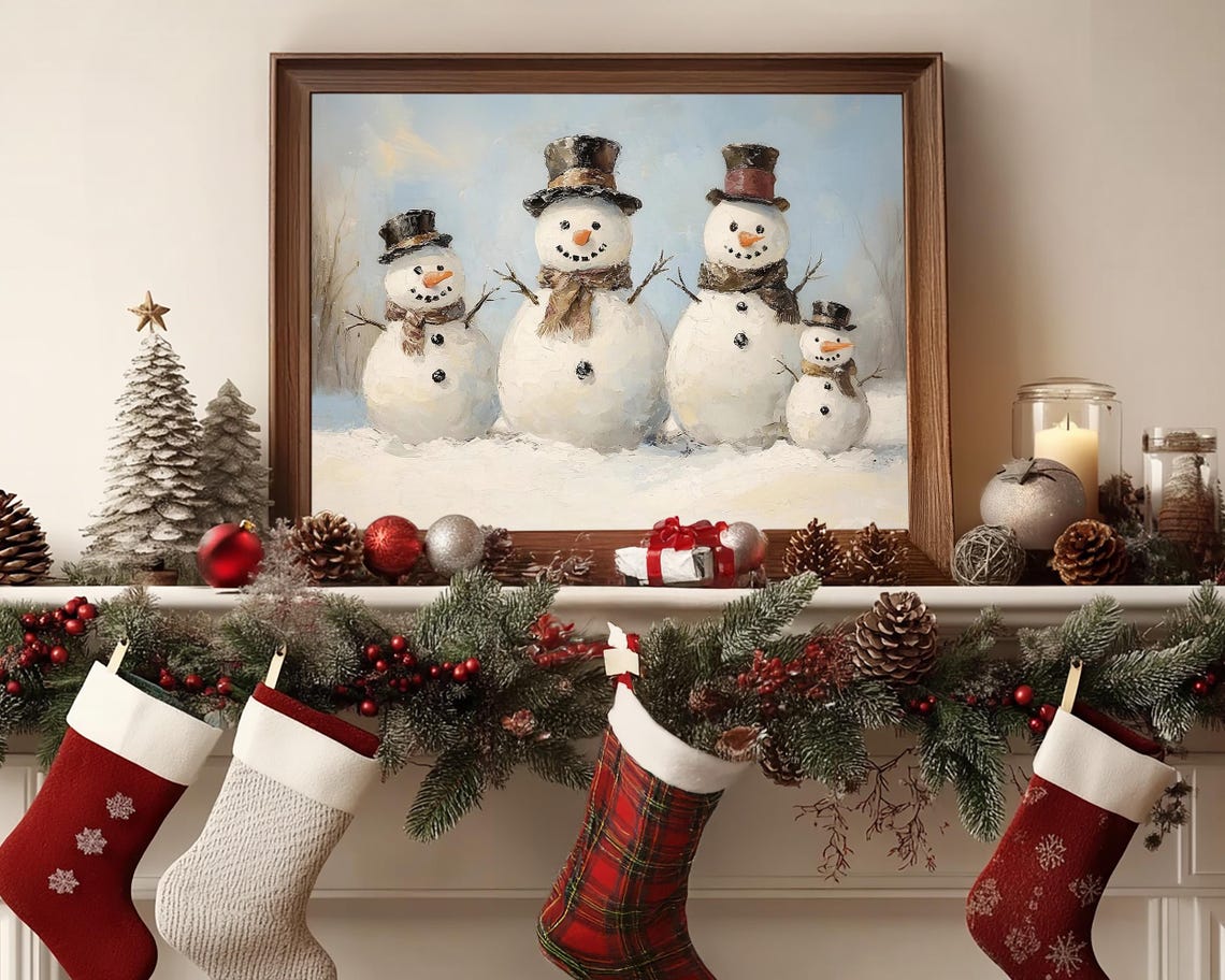 Cheerful Snowman Family with Top Hats and Scarves Winter Poster - Image 6