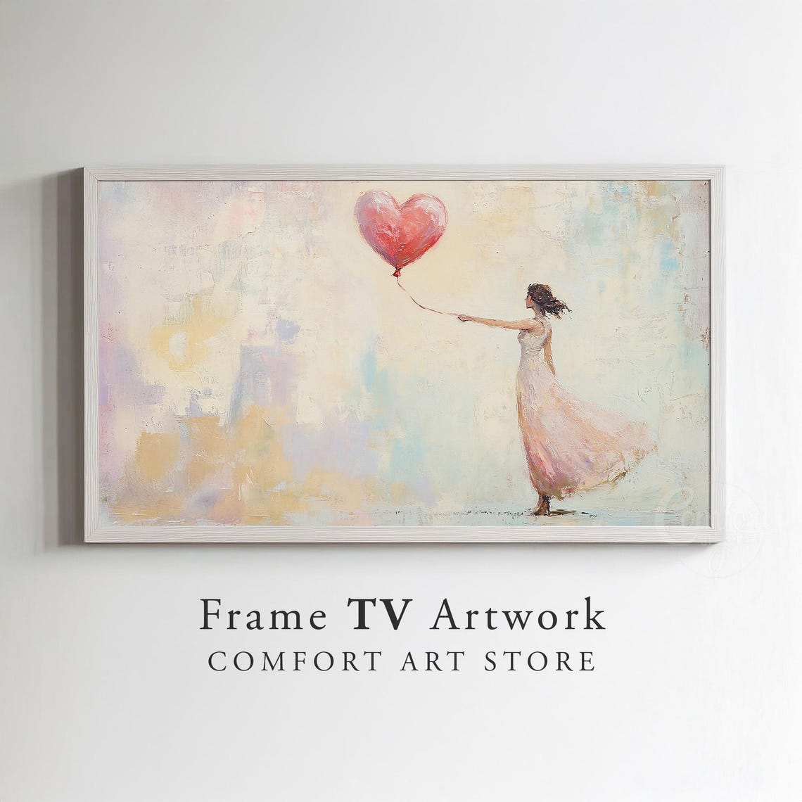Woman Reaching Red Heart Balloon Frame TV Artwork Romantic Poster