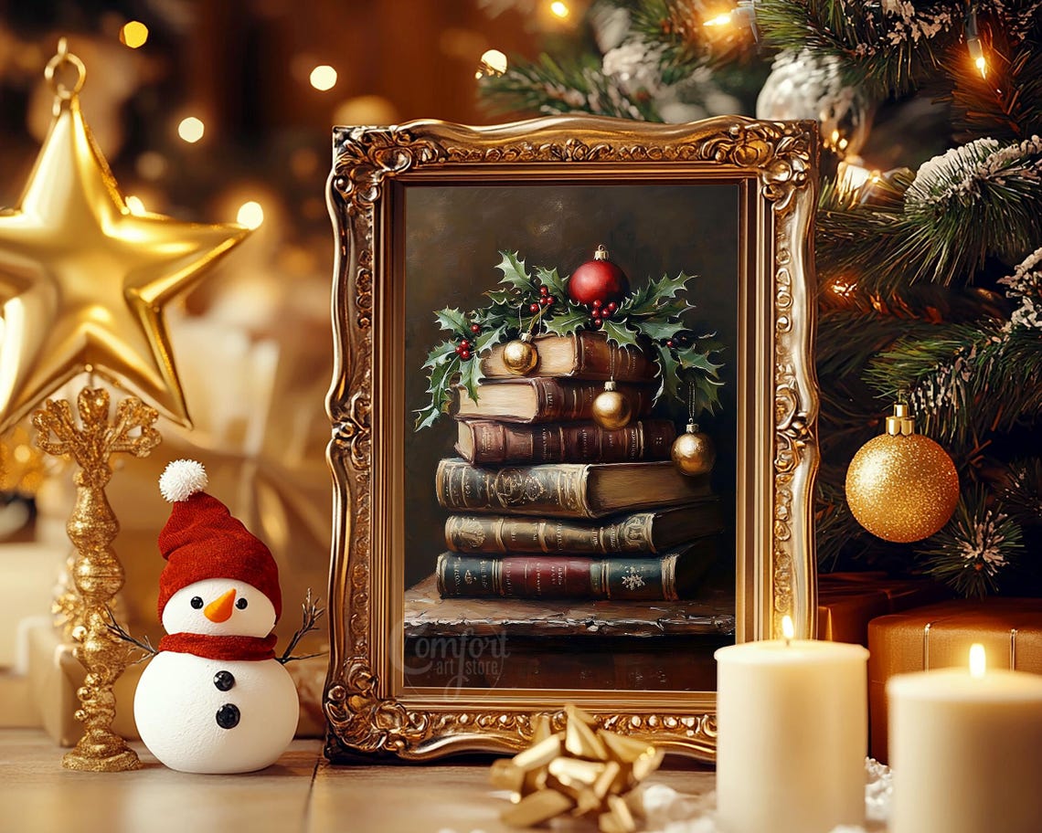 Antique Book Stack With Holly Berries and Christmas Baubles Poster - Image 4