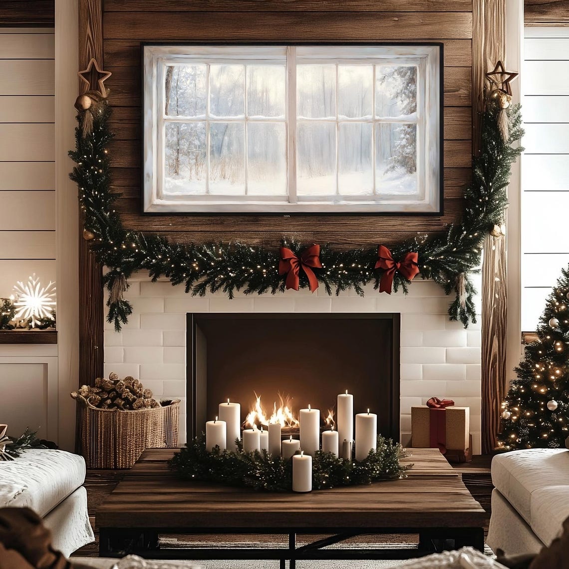 Snowy Winter Forest View Through Rustic Wooden Window Frame Wall Art - Image 3