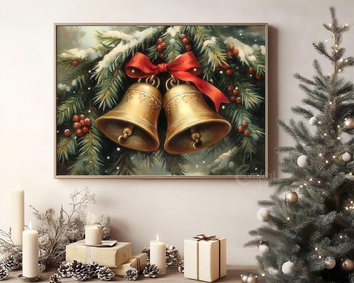 Elegant Two Golden Christmas Bells Red Bow Snowy Branches Poster - Image 8