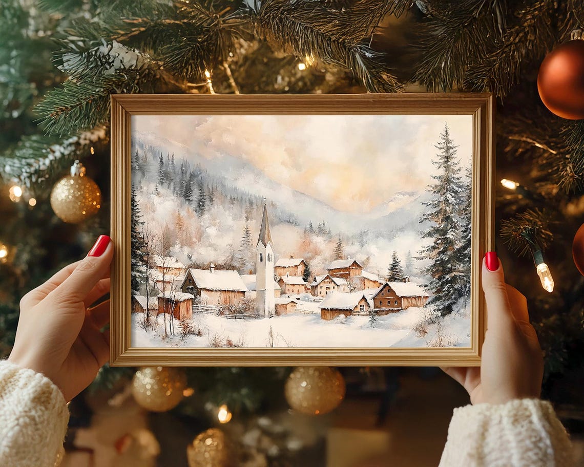 Snowy Alpine Village with Church Misty Mountain Winter Poster - Image 3