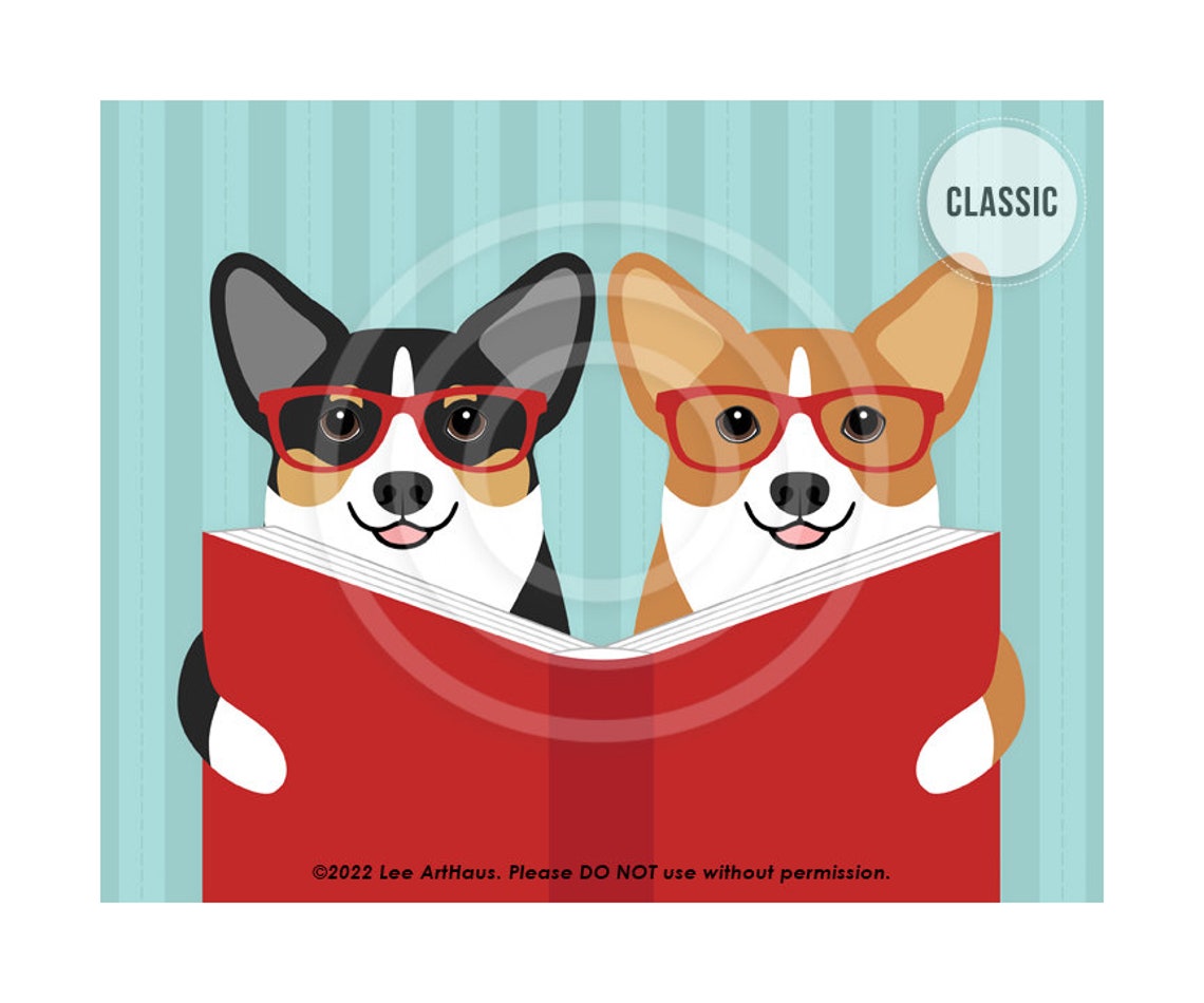 Two Corgi Dogs Red Glasses Reading Book Cute Library Decor Wall Poster