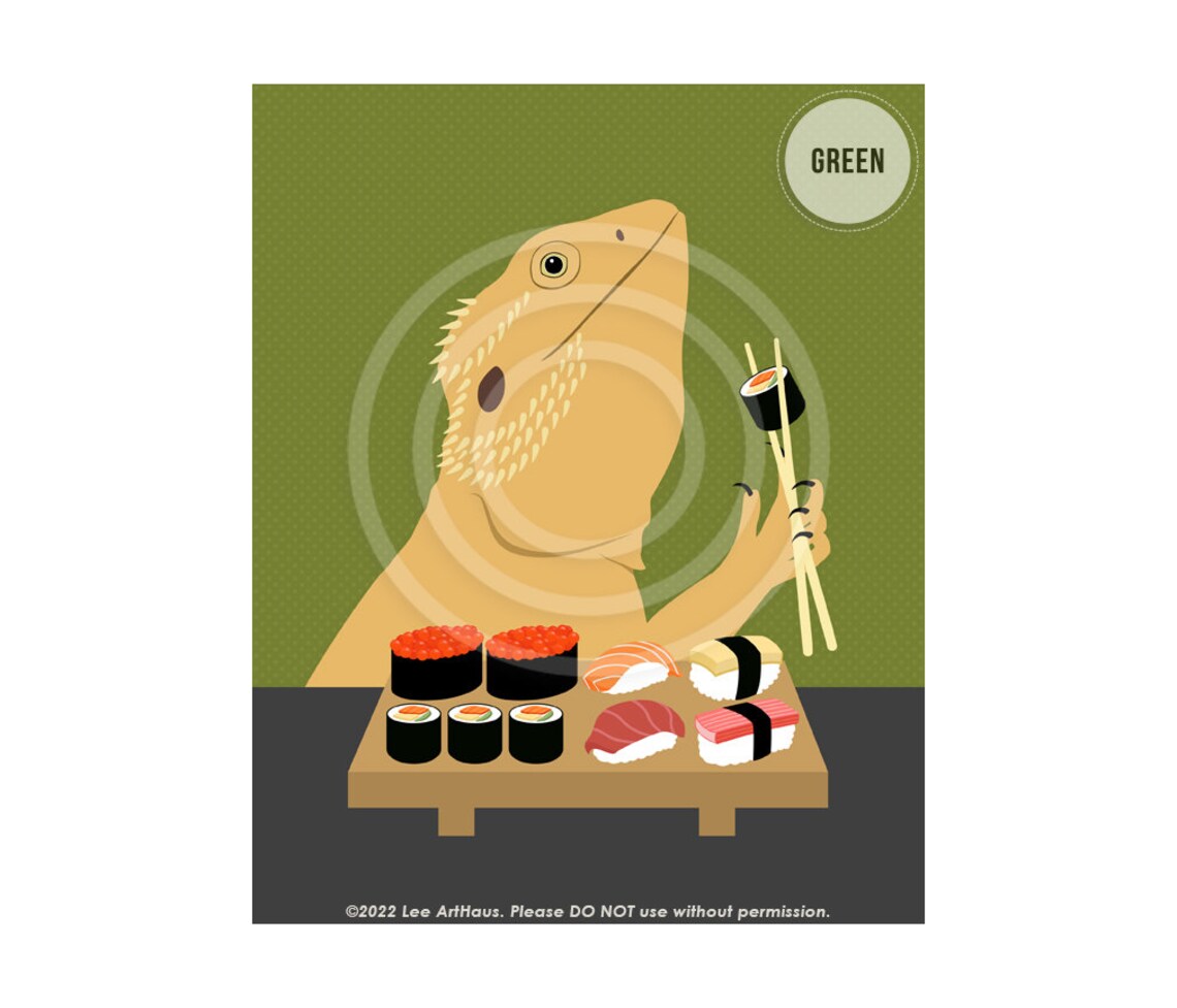 Bearded Dragon Eating Sushi With Chopsticks Funny Animal Art Poster - Image 3